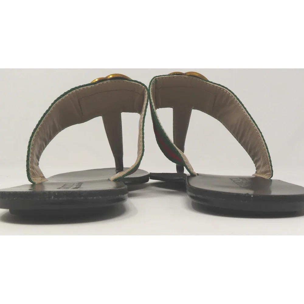 Gucci Double G Web Thong Sandals Black Mens 42 Flip Flops Gold Logo Italy - Picture 8 of 16